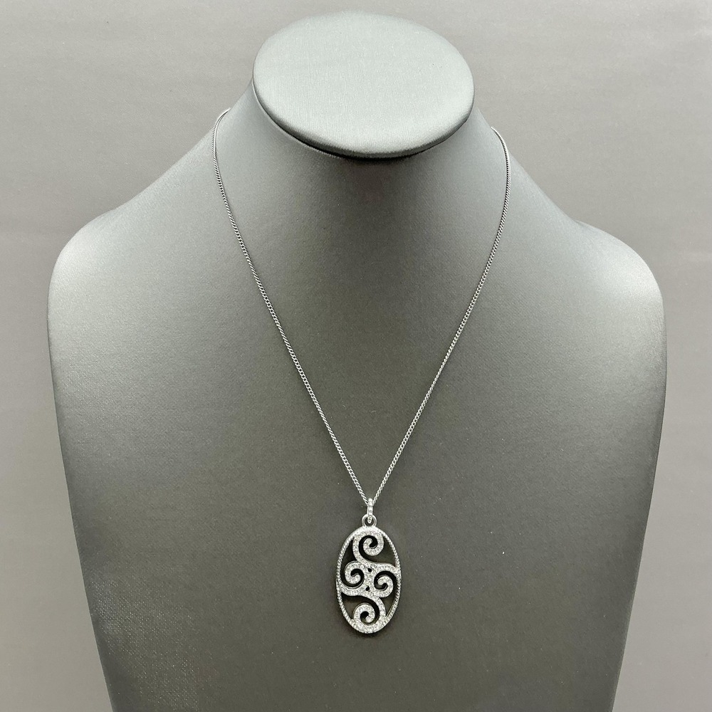 Avon Necklace Silver Tone Rhinestone Oval Swirl Pendant Chain Womens Jewelry